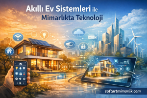 Smart home integration concept: a modern house with a smartphone and tablet showing connected icons against a city skyline.