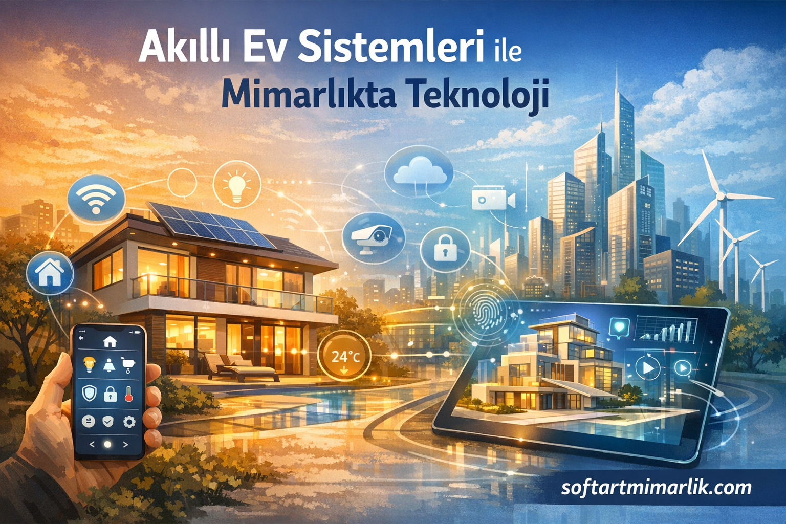 Smart home integration concept: a modern house with a smartphone and tablet showing connected icons against a city skyline.