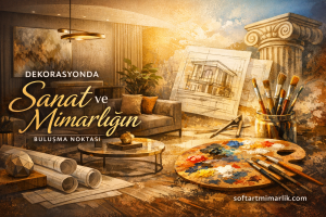 Interior design and art studio banner with paint palette, brushes, blueprints and sketches around a sofa and architectural column.