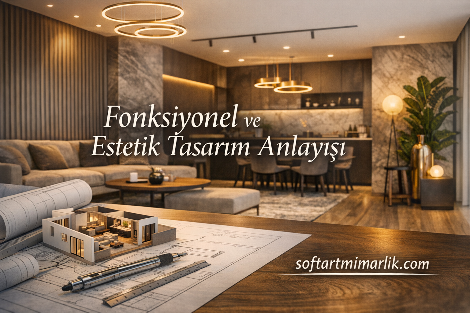 Interior design studio scene featuring a living room, blueprint model, and drafting tools on a wooden table, with overlay text 'Fonksiyonel ve Estetik Tasarım Anlayışı' and the website softartmimarik.com.