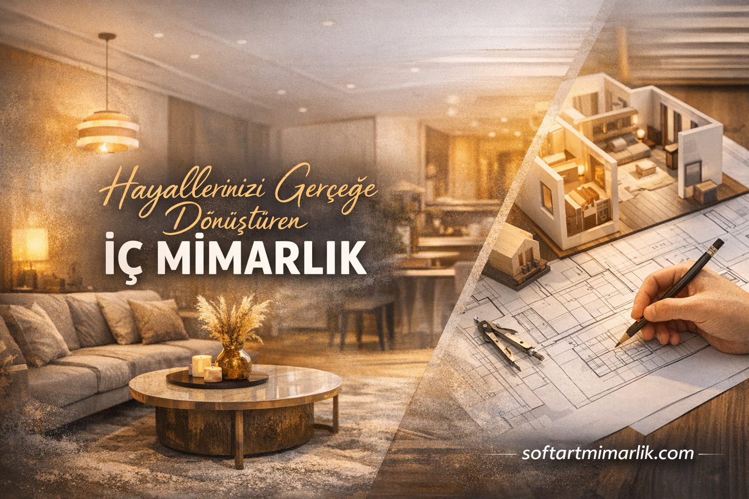 Interior design ad: warm living room, desk with blueprint drawing and 3D model; softartmimarlik.com]