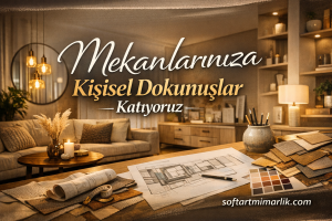 Banner promoting interior design services in Turkish: 'Mekanlariniza Kisisel Dokunuslar Katiyoruz' over a cozy living-room background with swatches and plan drawings.