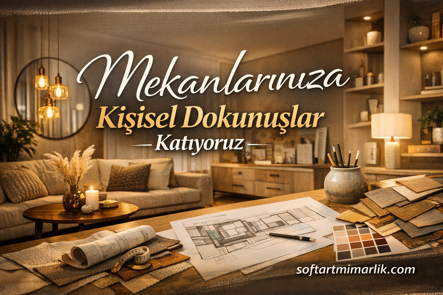 Banner promoting interior design services in Turkish: 'Mekanlariniza Kisisel Dokunuslar Katiyoruz' over a cozy living-room background with swatches and plan drawings.