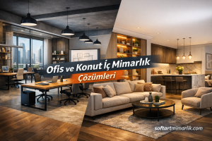 Split view of a modern office workspace on the left and a stylish living/kitchen area on the right with a diagonal banner reading 'Ofis ve Konut İç Mimarlık Çözümleri' and a 'softartmimarlik.com' watermark.