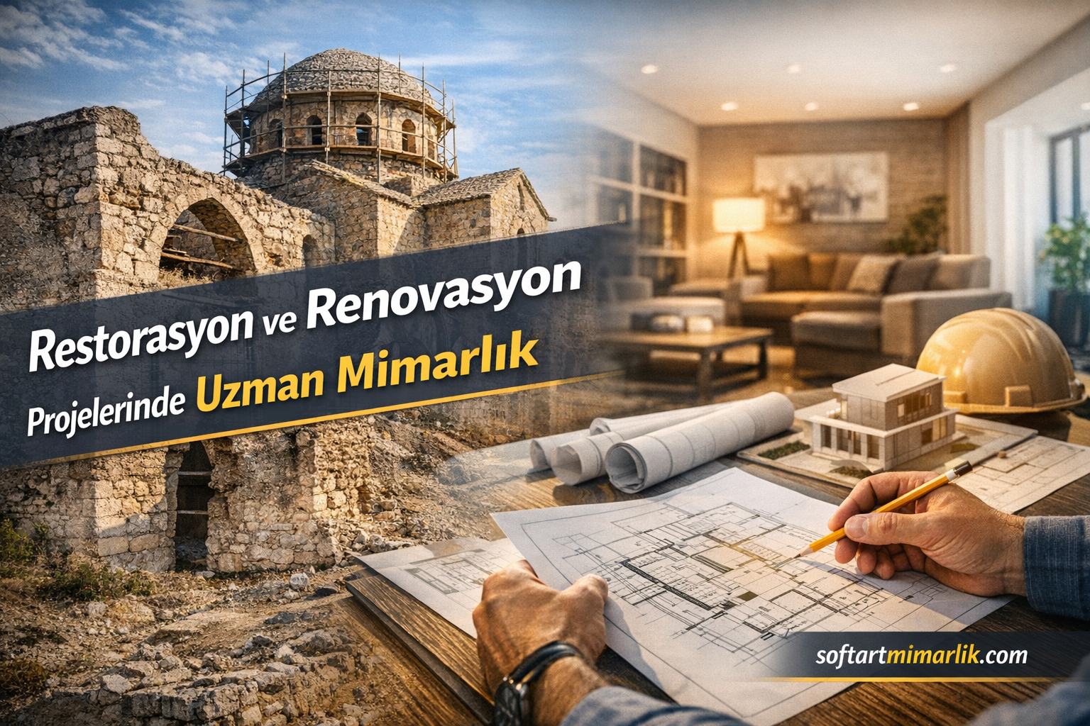 Banner showing restoration and renovation services; stone ruins on left with a dome under construction, and an interior living room on the right; Turkish headline about expert architecture.