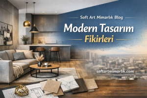 Modern living room with gray sofa and wooden coffee table on a blue gradient wall showing 'Modern Tasarım Fikirleri' and the URL softartmimarlik.com.