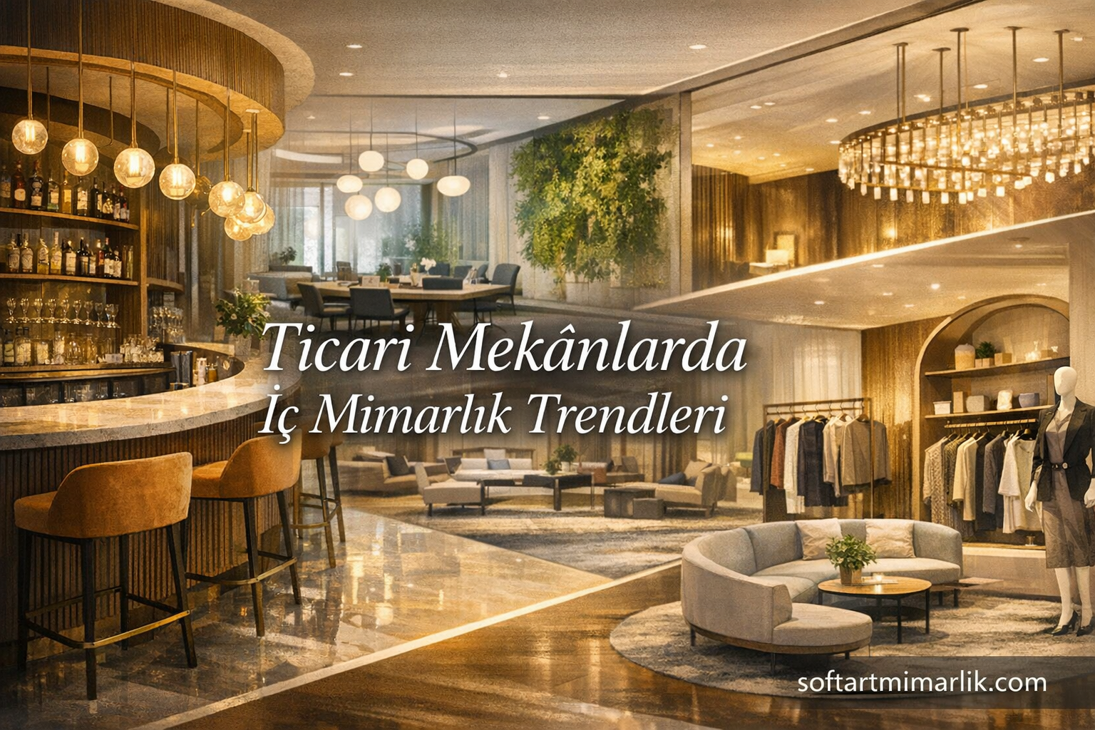 Luxurious showroom interior with a bar, lounge seating, clothing displays, and plants; Turkish title about interior design trends overlays the scene.
