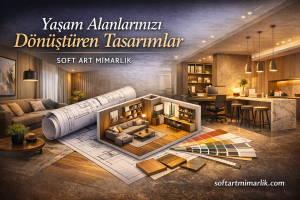 Open-plan living area with a rolled blueprint, a 3D room cutaway, color swatches, and a marble kitchen island in warm light, advertisement