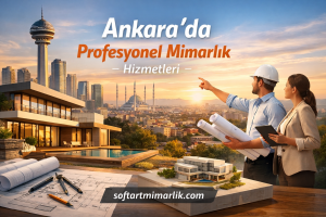 Advertisement for Ankara-based professional architecture services; a city skyline and a construction team reviewing blueprints at sunset.