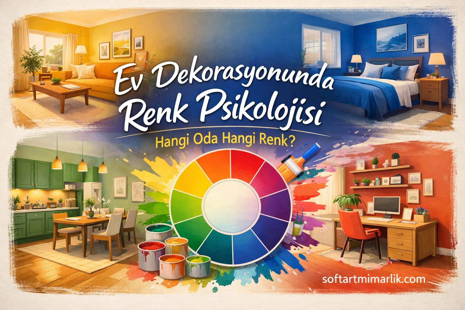 Color wheel with paint splashes over three styled rooms (living room, kitchen, and desk area) illustrating color psychology in home decor.