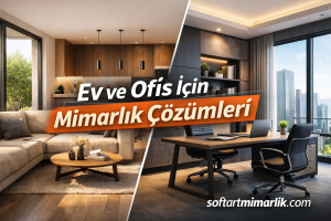 Split image showing a living room on the left and a modern office on the right with an orange diagonal banner reading 'Ev ve Ofis İçin Mimarlık Çözümleri' and the site 'softartmimarlik.com'