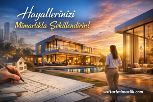 Architectural design concept: a modern villa with glass walls, pool, and a person reviewing blueprints at sunset.