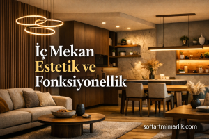 Warm, modern living and dining area with circular pendant lights; Turkish headline 'İç Mekan Estetik ve Fonksiyonellik' overlaid.