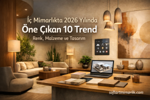 Interior design showroom scene with a laptop on a wooden table; Turkish headline reads: 'İç Mimarlikte 2026 Yılında Öne Çıkan 10 Trend, Renk, Malzeme ve Tasarım' and the site softartmimarlik.com in the corner.
