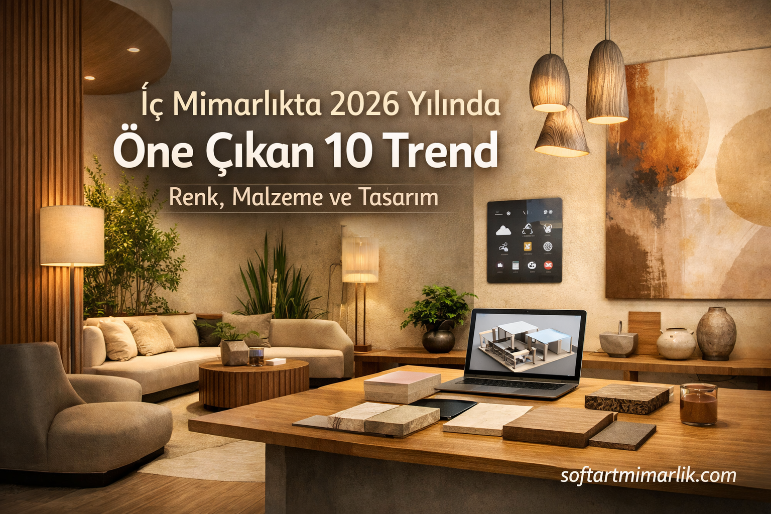 İç Mimarlıkta 2026 Yılında Öne Çıkan 10 Trend - Soft Art Mimarlık Interior design showroom scene with a laptop on a wooden table; Turkish headline reads: 'İç Mimarlikte 2026 Yılında Öne Çıkan 10 Trend, Renk, Malzeme ve Tasarım' and the site softartmimarlik.com in the corner.