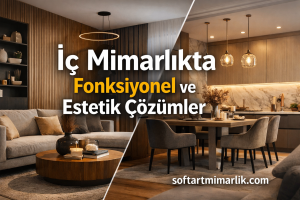 Turkish headline over a split view of a modern living room and dining area: 'İç Mimarlıkta Fonksiyonel ve Estetik Çözümler' with softartmimarlik.com visible.