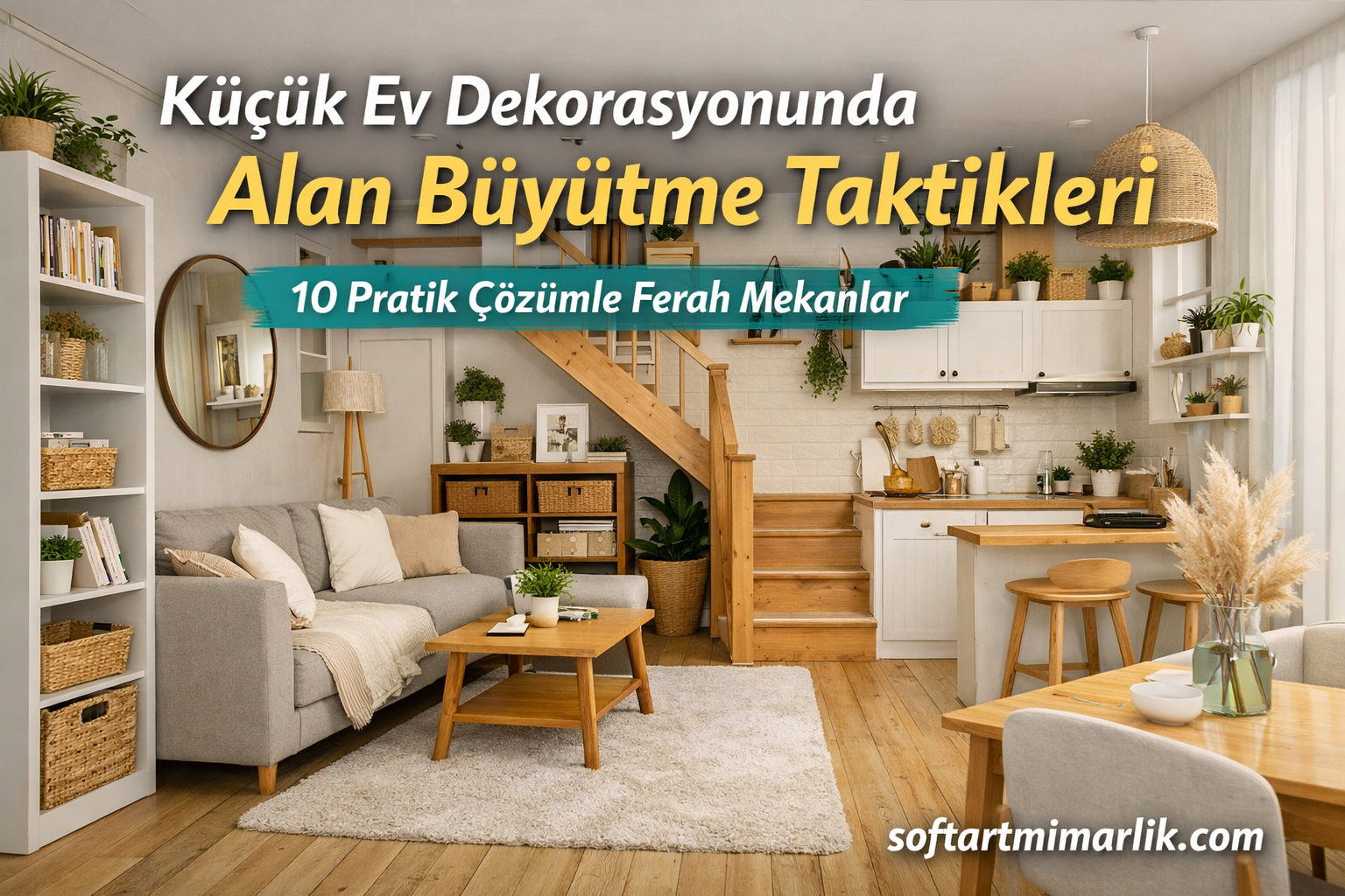 Küçük Ev Dekorasyonunda Alan Büyütme Taktikleri - Soft Art Mimarlık Küçük ev dekorasyonunda alanı büyütme taktiklerini anlatan açık plan oturma ve mutfak iç mekanı fotoğrafı; üstte başlıklar görünüyor.