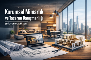 Banner for Kurumsal Mimarlık ve Tasarım Danışmanlığı with blueprints, laptop displaying an interior render, and a 3D building model on a desk in a modern office.