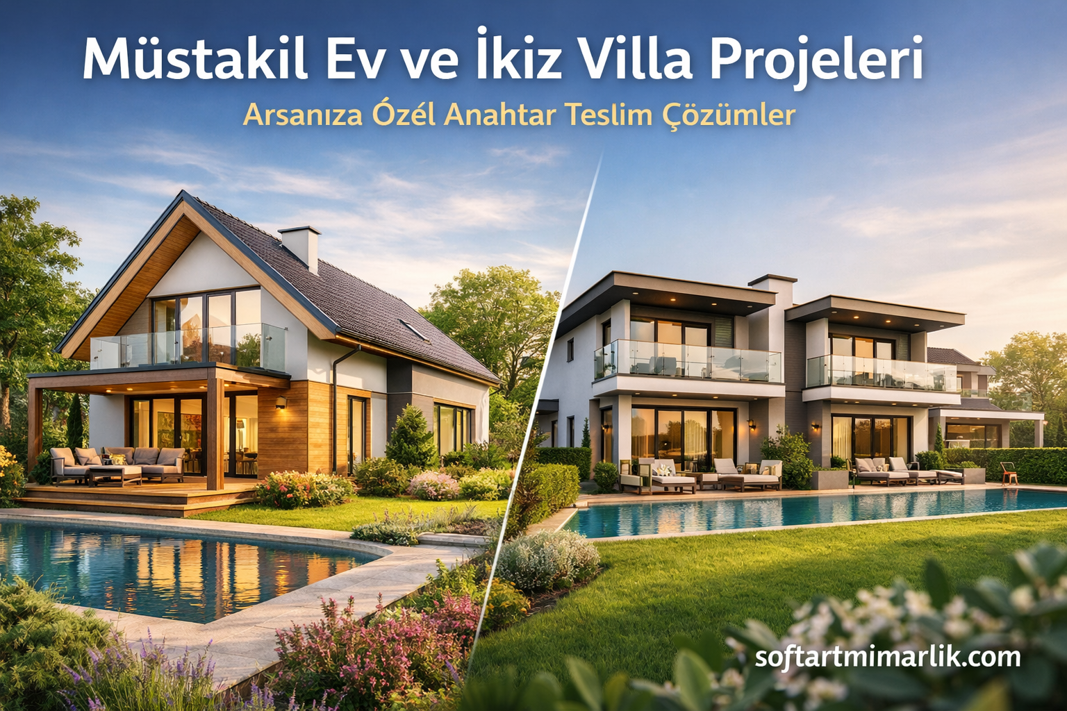 Müstakil Ev ve İkiz Villa Projeleri Arsanıza Özel Anahtar Teslim Çözümler - Soft Art Mimarlık Split image of two modern villas beside a pool: left a wooden-clad house, right a white contemporary villa, promoting turnkey home projects.