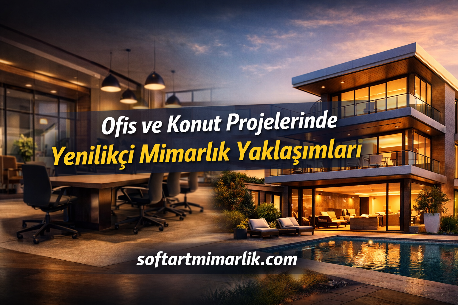 Banner showing a modern office interior and a luxury house at sunset, with Turkish text: 'Ofis ve Konut Projelerinde Yenilikçi Mimarlık Yaklaşımları' and the site softartmimarlik.com.