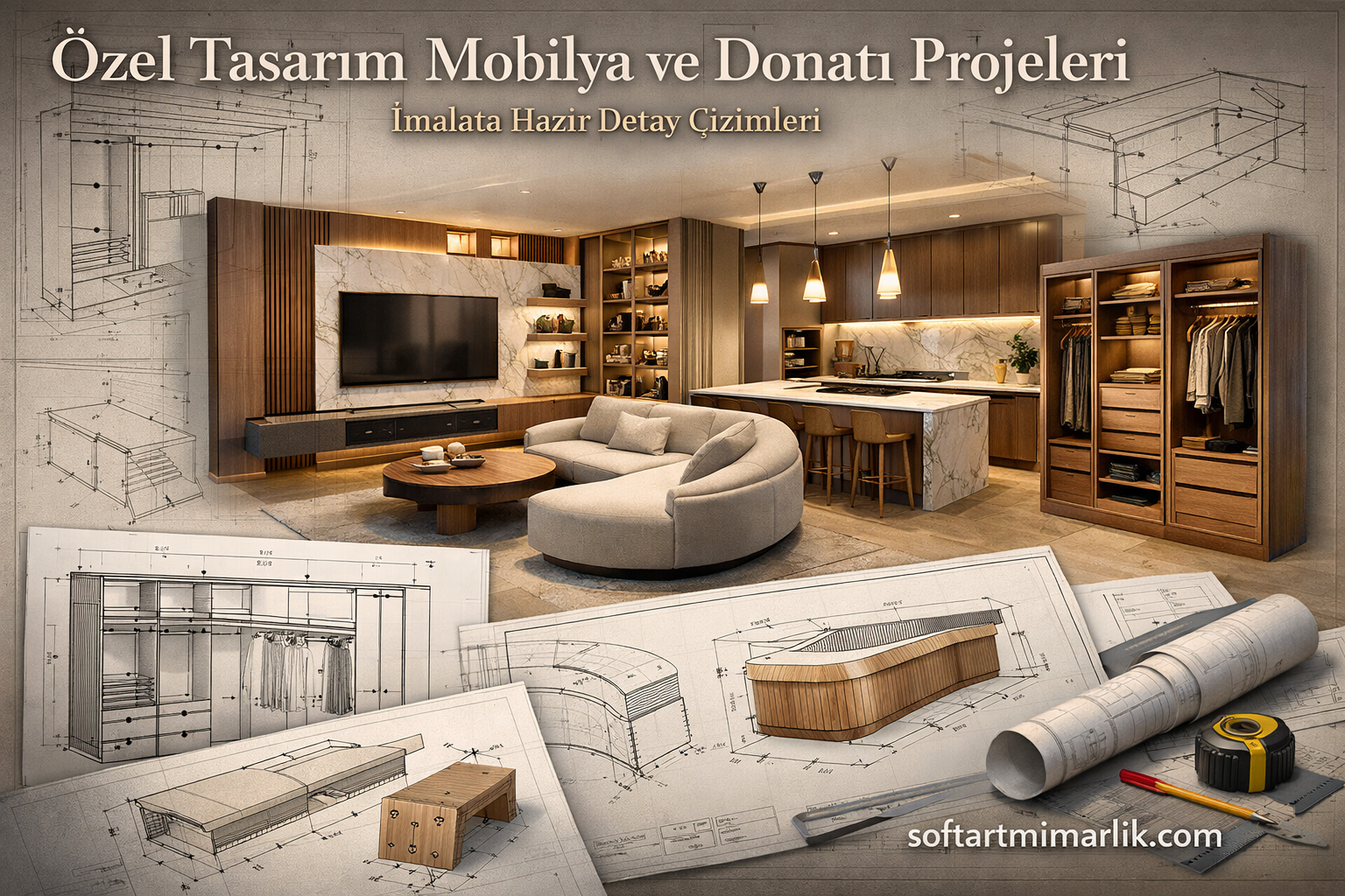 Özel Tasarım Mobilya ve Donatı Projeleri - Soft Art Mimarlık Modern open-plan living area with marble kitchen island, wooden cabinets, and a curved sofa; blueprint sketches overlay in the background.