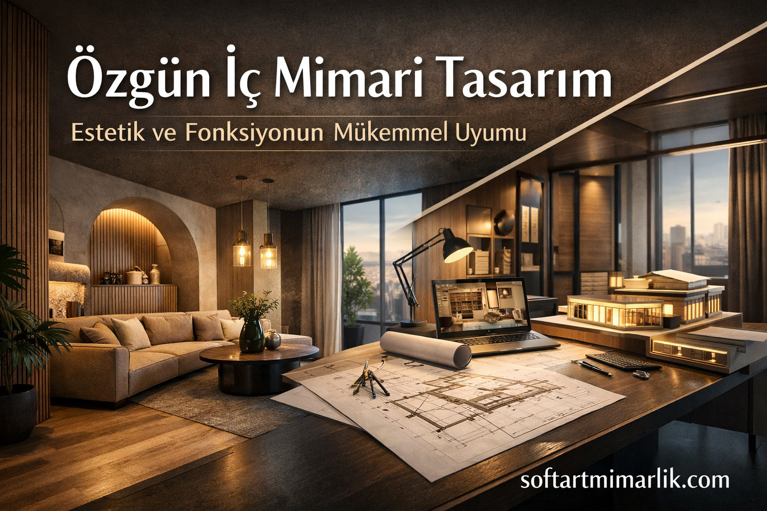 Özgün İç Mimari Tasarım - Soft Art Mimarlık Interior design studio: blueprint on a desk, laptop, architectural models, and a living area with a sofa.