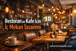 Cozy cafe interior with warm pendant lights, wooden tables and a Turkish overlay headline about restaurant interior design, softartmimarlik.com.