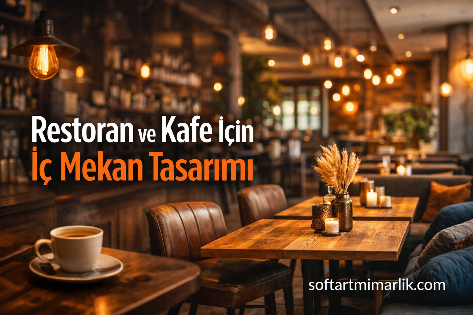 Restoran ve Kafe İçin İç Mekan Tasarımı - Soft Art Mimarlık Cozy cafe interior with warm pendant lights, wooden tables and a Turkish overlay headline about restaurant interior design, softartmimarlik.com.