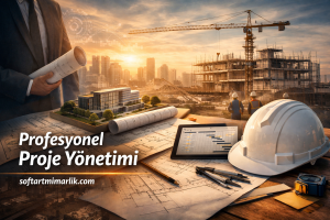 Construction planning scene: blueprints, rolled plans, tablet with charts, a white hard hat, and a building site at sunset; Turkish text for professional project management.