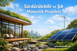 Sustainable, stylish architecture with a modern glass house, solar panels, wind turbine, and lush greenery by water.