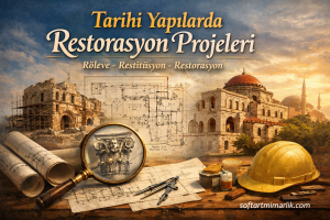 Poster-style collage showing historical restoration: ruined buildings, blueprints, a magnifying glass, and a yellow hard hat with tools; Turkish text about restoration projects.
