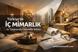 Promotional image for interior architecture in Turkey, showing a stylish living room and open kitchen with city skyline in the background and blueprints on the table.