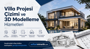 Banner advertising villa project design and 3D modeling services, featuring a modern villa rendering and blue architectural sketches left of center.
