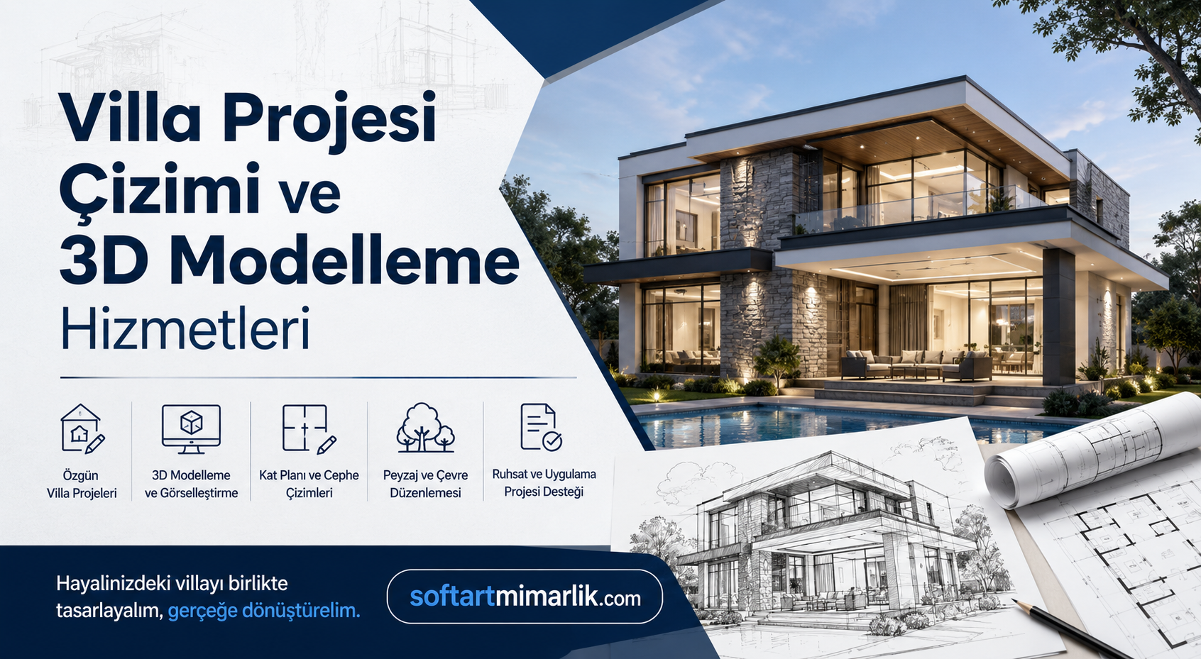 Villa Projesi Çizimi ve 3D Modelleme Hizmetleri - Soft Art Mimarlık Banner advertising villa project design and 3D modeling services, featuring a modern villa rendering and blue architectural sketches left of center.