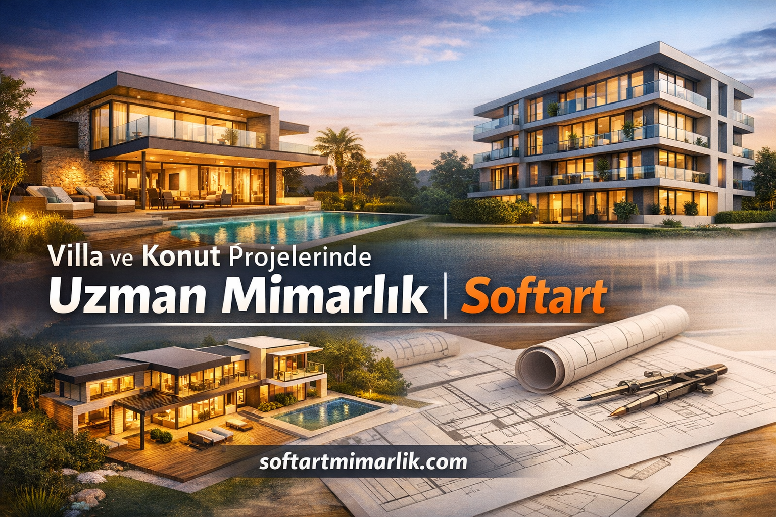 Advertising banner for Softart architecture firm: modern villa and apartment buildings by a pool at sunset, with blueprints and drafting tools in the foreground.