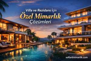 Luxury villa complex with an illuminated pool at dusk; overlaid Turkish text reads 'Villa ve Rezidans İçin Özel Mimarlık Çözümleri' and the site 'softartmimarlik.com'