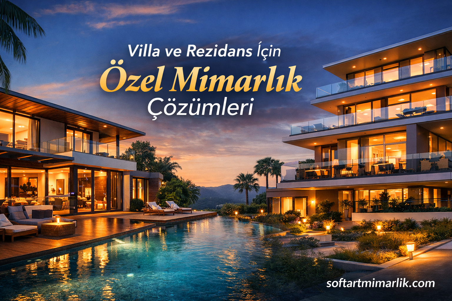 Villa ve Rezidans İçin Özel Mimarlık Çözümleri - Soft Art Mimarlık Luxury villa complex with an illuminated pool at dusk; overlaid Turkish text reads 'Villa ve Rezidans İçin Özel Mimarlık Çözümleri' and the site 'softartmimarlik.com'