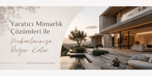 Modern villa with pool and outdoor seating; Turkish headline about adding value with creative architectural solutions.
