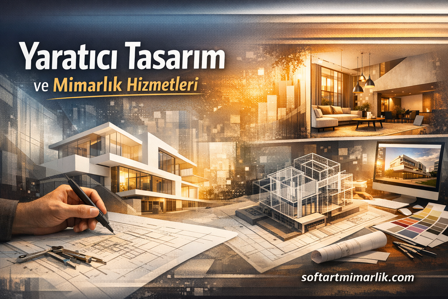 Hero collage for an architecture design services page: hand sketching blueprints, modern building models, interior renderings, color swatches, and the Turkish headline 'Yaratıcı Tasarım ve Mimarlık Hizmetleri' with softartmimarlik.com.