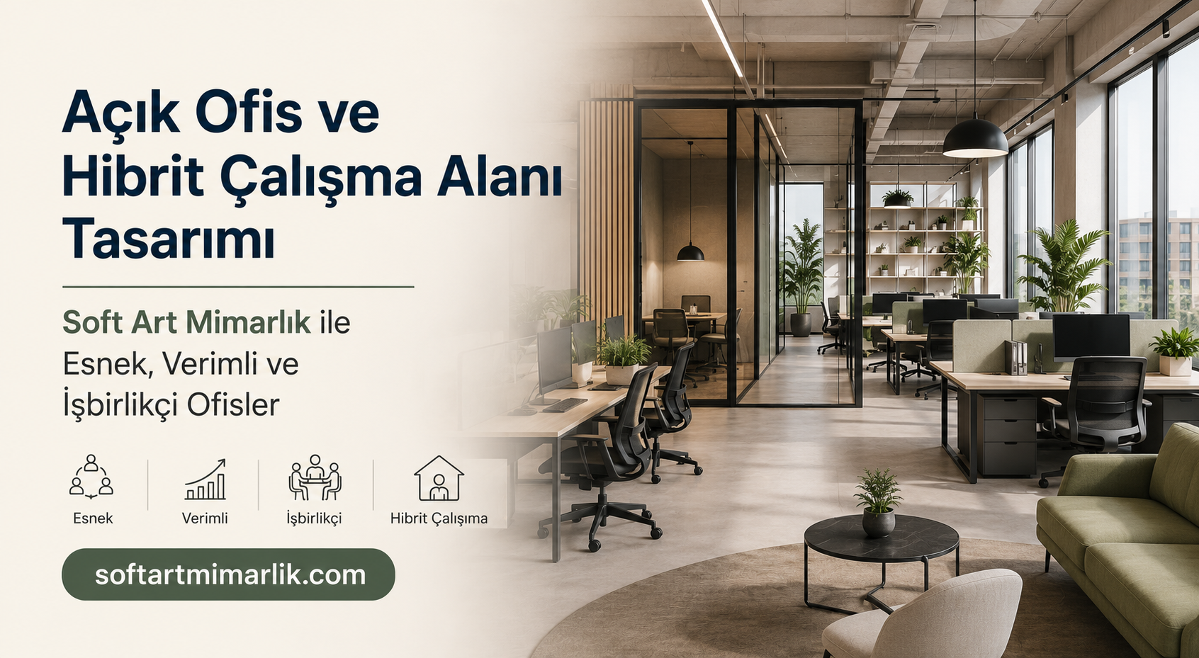 Açık ofis ve hibrit çalışma alanı tasarımı tanıtımı; modern ofis iç mekanı, cam bölmeler ve bitkilerle donatılmış overlook edilmiş bir çalışma alanı.