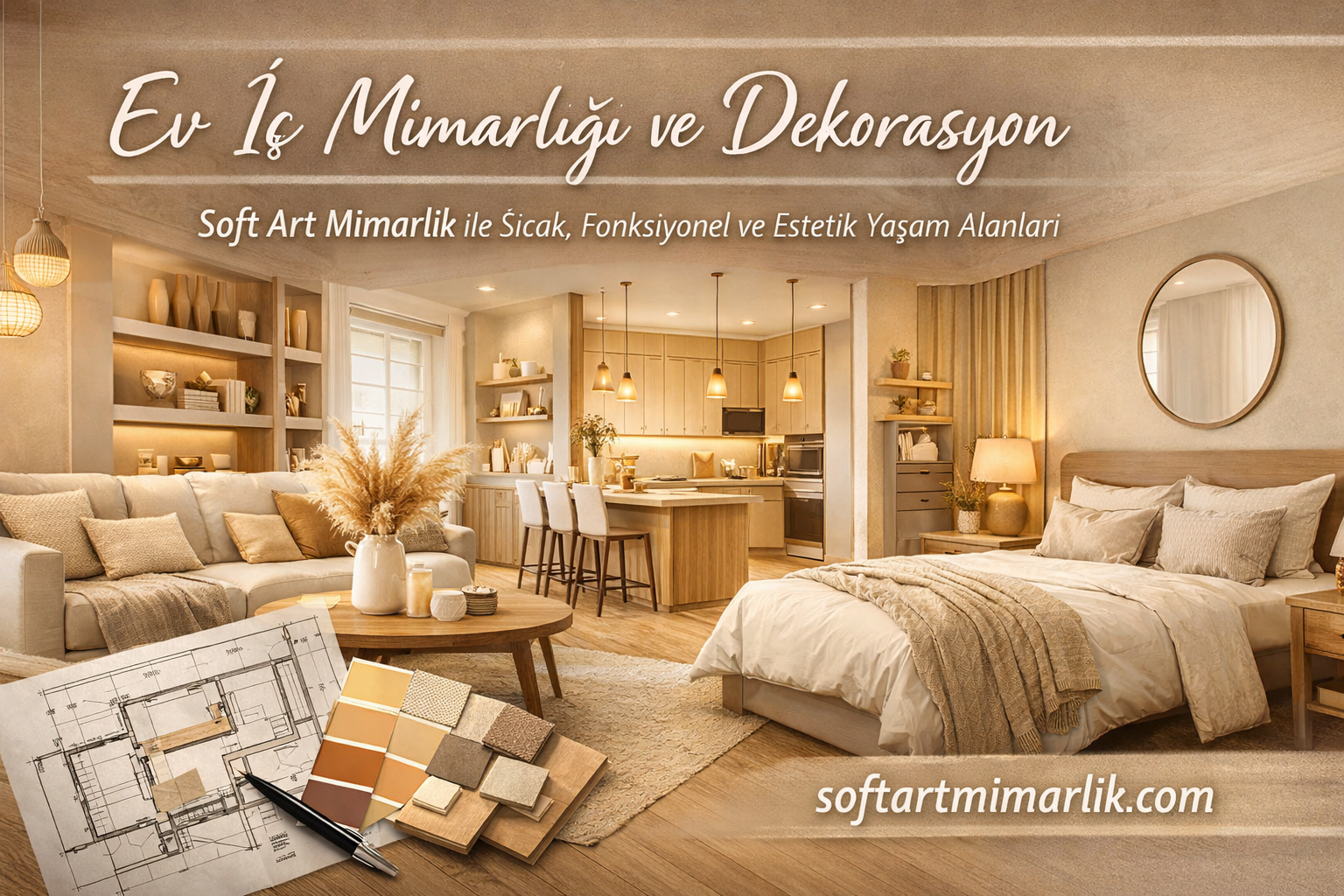Ev İç Mimarlığı ve Dekorasyon - Soft Art Mimarlık Warm, open-plan living space with a kitchenette, sofa, and bedroom in neutral tones; advertisement banner for home interior design services in Turkish.