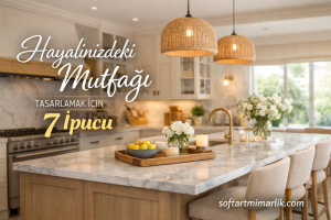 Bright modern kitchen with marble island and pendant lights; overlay text reads 'Hayalinizdeki Mutfağı Tasarlamak İçin 7 İpucu' (Turkish)