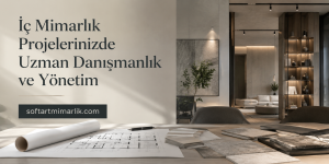Modern interior design office with a large Turkish headline on a beige wall and 'softartmimarlik.com' on a dark plaque.