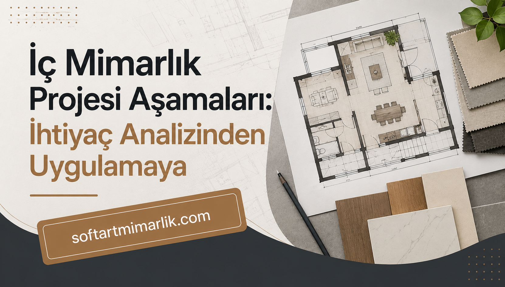 Turkish interior design banner showing a floor plan blueprint, fabric swatches, and a pencil, with the title 'İç Mimarlık Projesi Aşamaları: İhtiyaç Analizinden Uygulamaya' and the site softartmimarlik.com