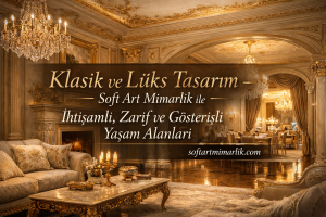 Luxurious opulent living room with chandeliers and gold decor, featuring a brown translucent banner reading: 'Klasik ve Lüks Tasarım – Soft Art Mimarlık ile İhtişamlı, Zarif ve Gösterişli Yaşam Alanları' and 'softartmimarlik.com'
