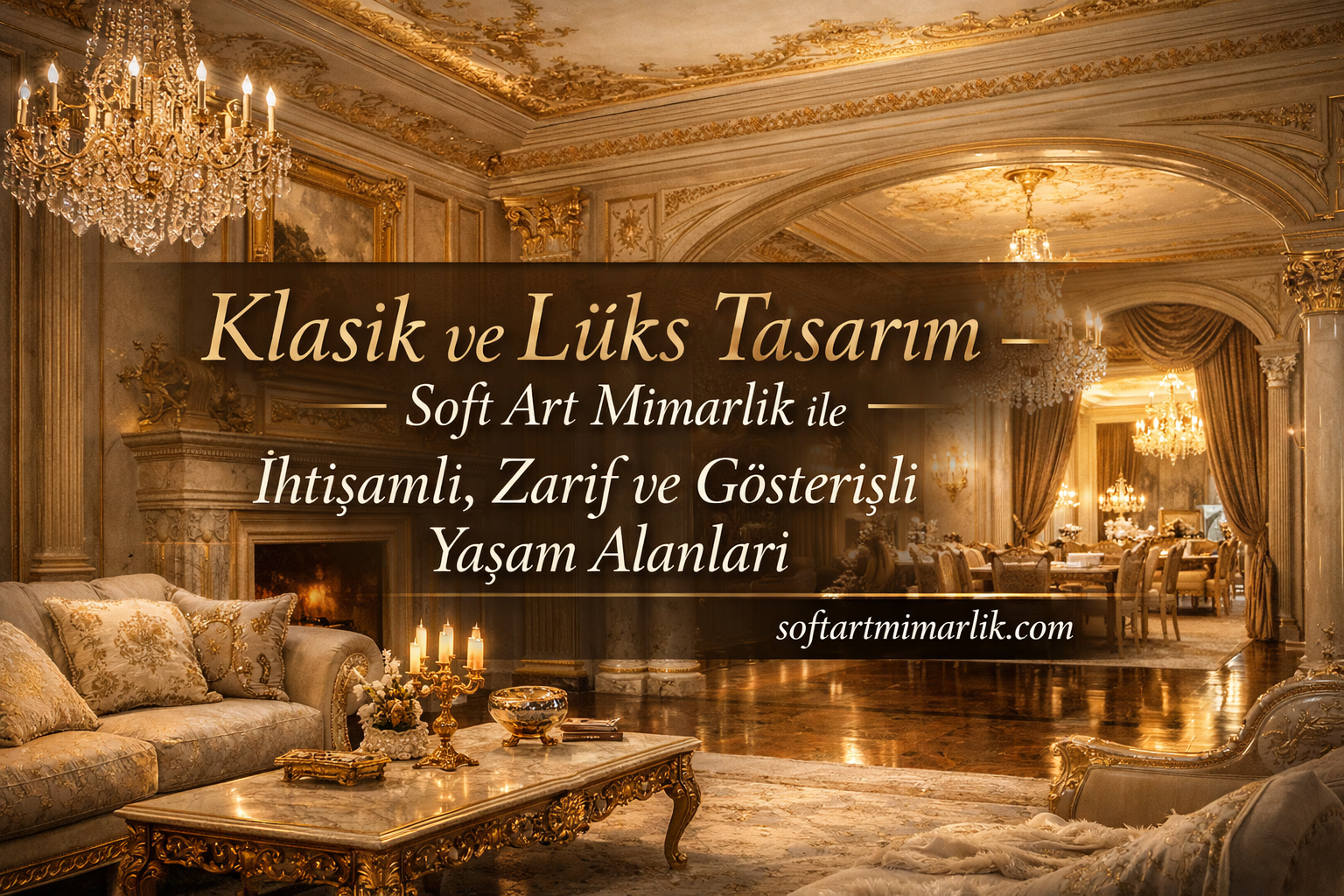 Klasik ve Lüks Tasarım - Soft Art Mimarlık Luxurious opulent living room with chandeliers and gold decor, featuring a brown translucent banner reading: 'Klasik ve Lüks Tasarım – Soft Art Mimarlık ile İhtişamlı, Zarif ve Gösterişli Yaşam Alanları' and 'softartmimarlik.com'