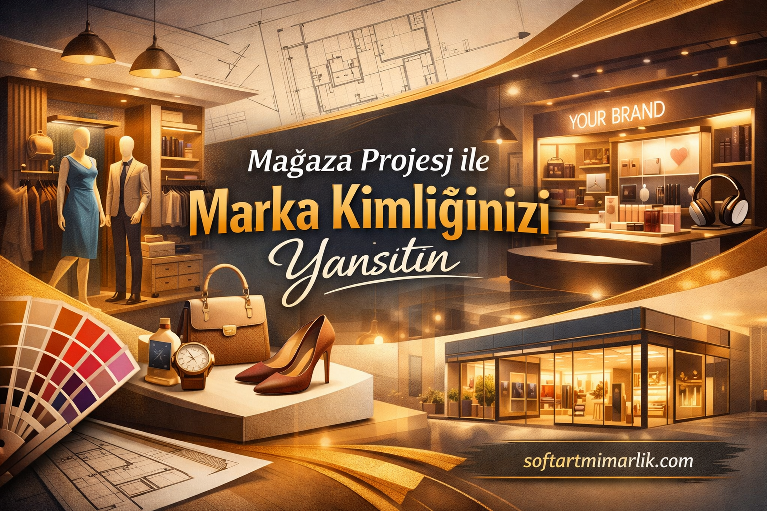 Promotional banner announcing store project to reflect your brand identity, with fashion items and store interior visuals.