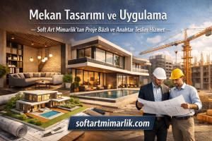Modern luxury home under construction with a crane in the background; two engineers in hard hats study blueprints near a banner reading softartmimarlik.com.