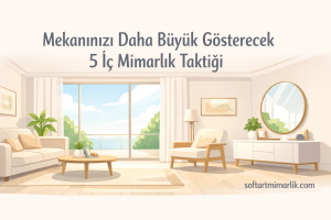 Living room illustration with large windows and plants; Turkish headline about five interior design tricks to make a space look bigger.