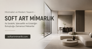 Minimalist, modern living room in beige tones with a round coffee table and large glass wall; ad for Soft Art Mimarlik with the site URL on the left.